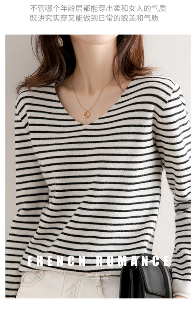 New Striped V-neck Sweater Women's All-Match Loose Sweater Fall Winter Fashion Bottoming Shirt Inner Wear Blouse