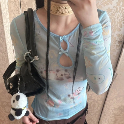 Yedinas Y2k Blue Mesh Tops Long Sleeve T Shirt Women Clothes Slim Spring Tops See Through Sheer Tshirts Grunge Aesthetics Tees
