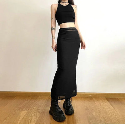 Y2K Black Long Skirts Women Harajuku Sexy Mesh Patchwork Wrap Skirt Summer Gothic Korean High Waist Slim A Line Faldas New