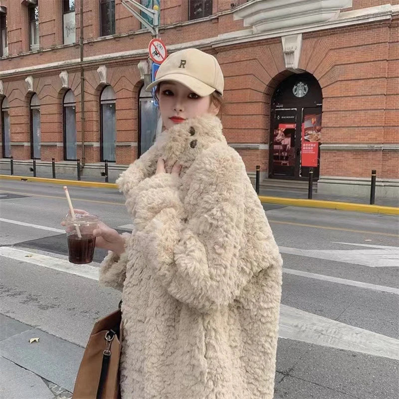Lamb Wool Long Jackets Women Winter Warm Stand Collar Loose Fur Outerwear Y2K Korean Fashion Long Sleeve All Match Fake Fur Coat