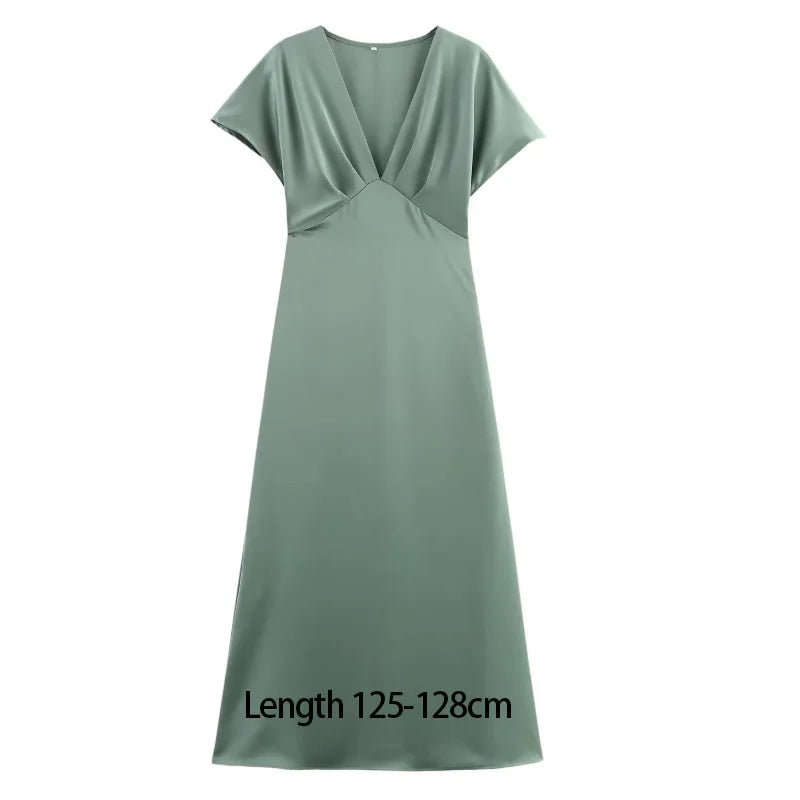 TRAF 2025 Woman Fashion Silk Texture Midi Dress Casual Slim Short Sleeve V Neck Midi Long Dresses Vestidos Mujer