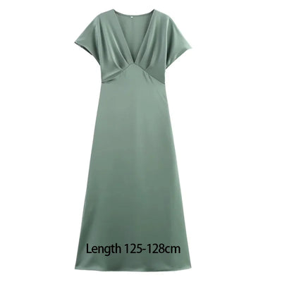 TRAF 2025 Woman Fashion Silk Texture Midi Dress Casual Slim Short Sleeve V Neck Midi Long Dresses Vestidos Mujer