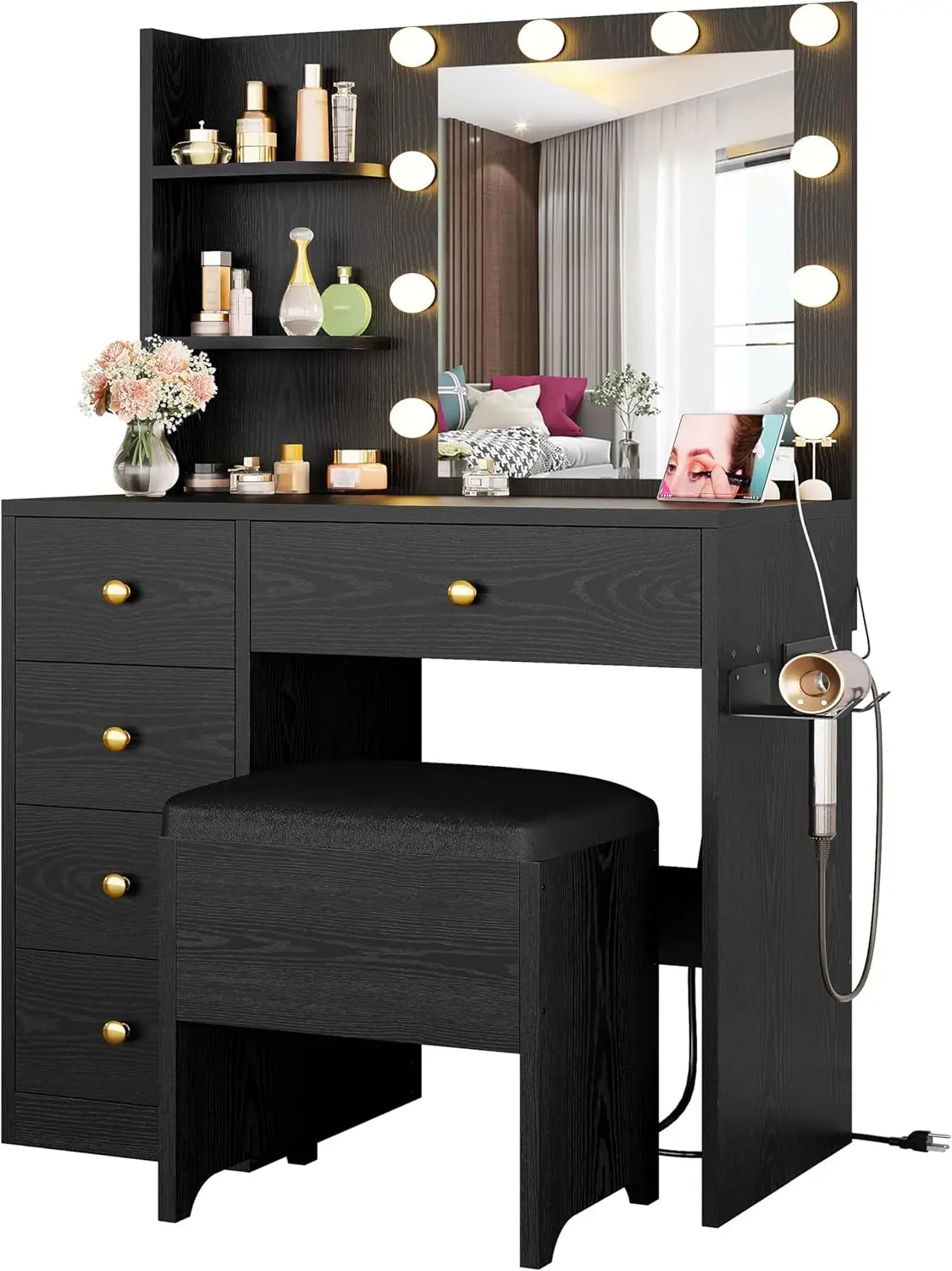 Vanity Desk with Mirror and Lights,Small Makeup Vanity Table with 5 Drawers, Dressing Table for Women Girls Bedroom