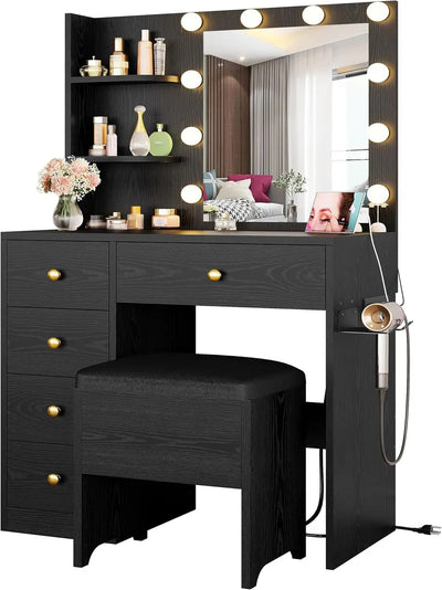 Vanity Desk with Mirror and Lights,Small Makeup Vanity Table with 5 Drawers, Dressing Table for Women Girls Bedroom