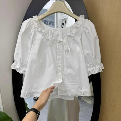 Preppy Style Sweet Short Sleeve Slim Fit Crop Tops Japanese Ruched Shirts Women Y2k Chemises Summer Bandage Bow White Camisa