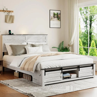 Wooden Queen Size Bed Frame with Headboard, Boho White Farmhouse Storage Bedframe with Sliding Barn Door Footboard and Charging