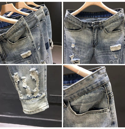 Fashion 2024 New Men's Casual Jeans Distressed Ripped Designer Luxury Boyfriend Spring Autumn Denim Slim Full Length Pants