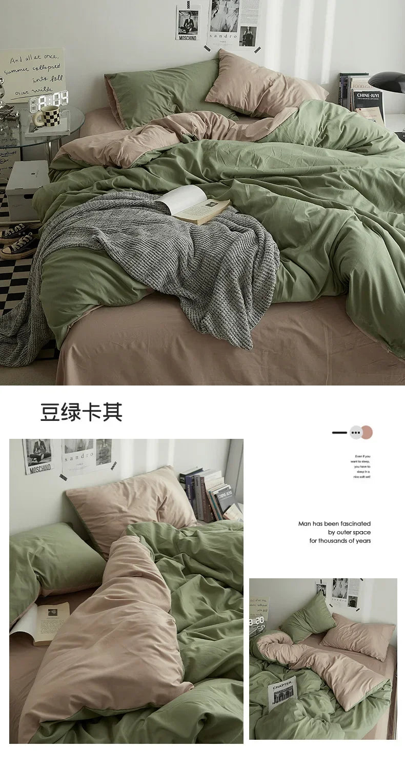 High Quality  Solid Color Double Washed Cotton Bedding 4 Pieces Set Student Dormitory Bed Linen Duvet Set Bed Suit