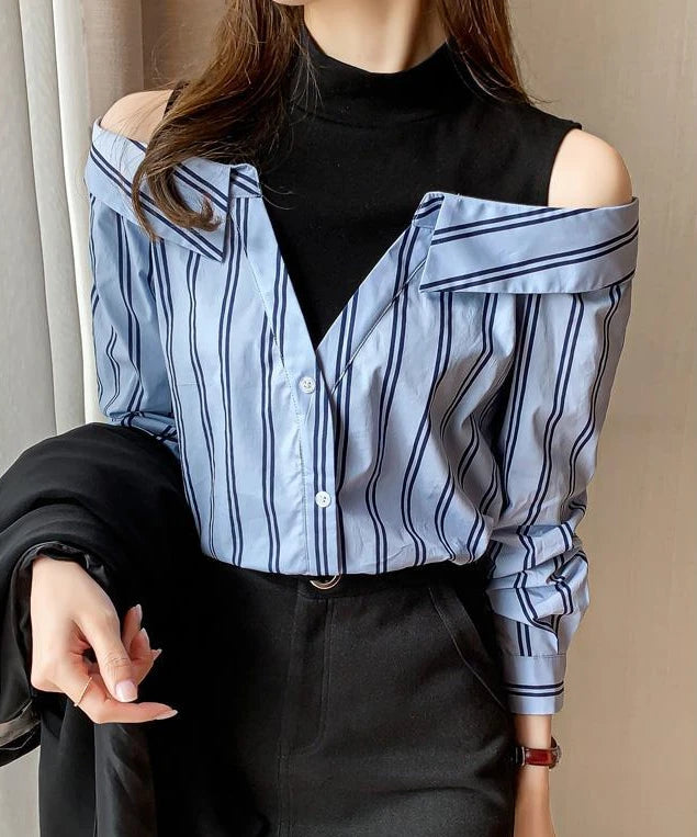 Fake Two Pieces Chiffon Silk Blouse for Women Off Shoulder Top Cool Blue Stripe Cotton Satin Shirt Woman Particular Trends Youth