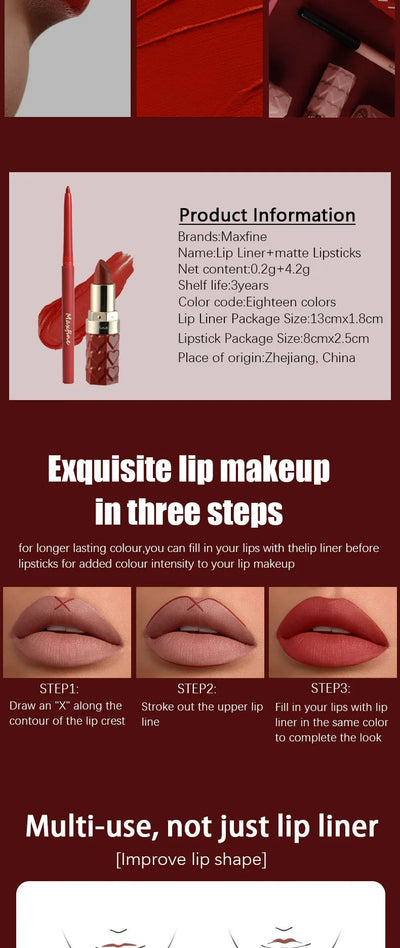 Velvet Matte Lip Liner Lipstick Pen Set Waterproof Long Lasting Sexy Red Contour Tint Lipstick Non-stick Cup Lipliner Pen Makeup