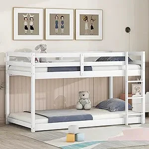Low Bunk Beds Twin XL Over Queen Floor Bunk Bed with Ladder and Guardrail Wood Detachable Bunk Bed Frame for Boys, Girls, No Spr