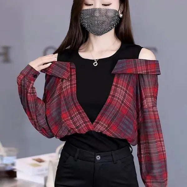 Fake Two Pieces Chiffon Silk Blouse for Women Off Shoulder Top Cool Blue Stripe Cotton Satin Shirt Woman Particular Trends Youth