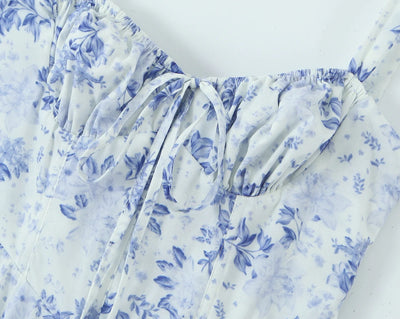 2023 Sexy Ruched Chest Blue White Flower Print Corset Style Sling Dress Cross Lacing up Bandage Back Hem Slit A-Lined Midi Robe