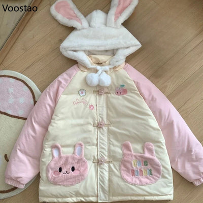 Kawaii Winter Cartoon Embroidery Lolita Parkas Women Y2k Cute Bear Ears Hooded Jacket Casual Zippers Loose Harajuku Padded Coat