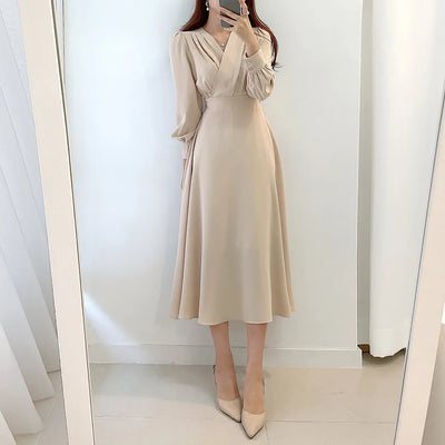 Jielur Harajuku V-neck Puff Sleeve A-line Maxi Dress Woman Solid Color Midi Robe Korean Office Dresses Elegant Spring Dress Lady