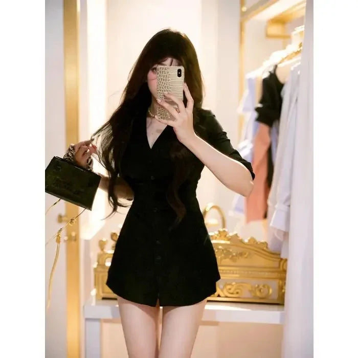 Korean Style Sexy Shirt Dress Women's Waist-Cinching Mini Dress Polo Collar Pleated Design Empire Waistline Fashionable Gown