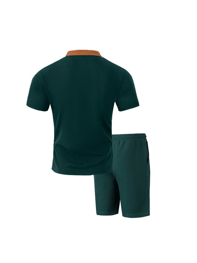 The 2025 men's new waffle checkered round-neck fashionable top, a two-piece casual suit with a rope short sleeve and shorts