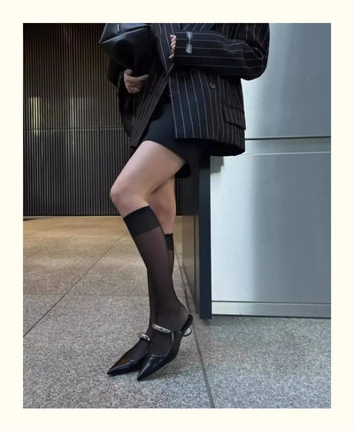 Chunky Pointed Toe Slippers Women Metal Buckle Retro Slides Female Comfy Fashion Low Heel Sandals Designer Mules Pumps Women