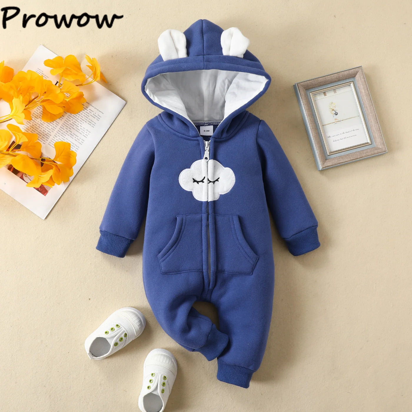 Prowow Cartoon Fox Baby Winter Clothes Romper Jumpsuit For Newborns Zipper Cute Ears Hooded Thicken Infant Overalls For Children
