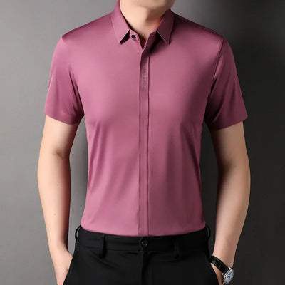 Summer New High-grade Hidden Button Men's Light Luxury Short Sleeve Shirts Men High Elastic Business Anti-wrinkle Ice Silk Shirt