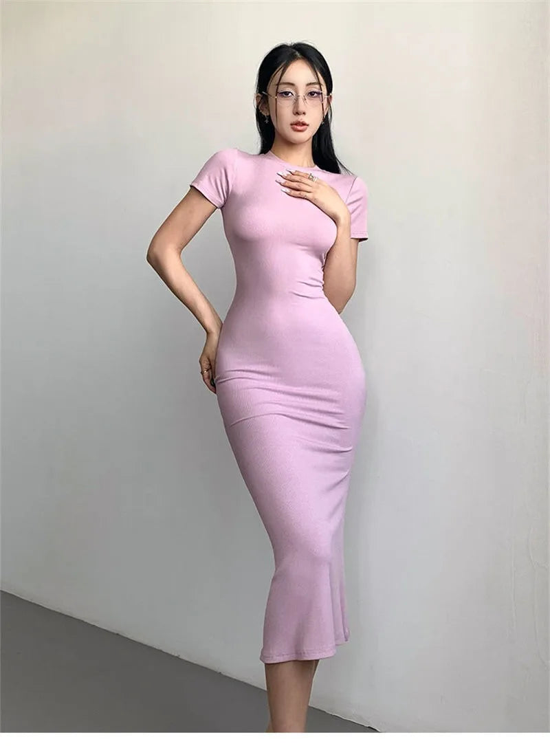 Women's Sexy Slim Fishtail Dresses Temperament Long Dress Short-sleeved Pure Desire To Show Figure Tight Beautiful Hip Skirt