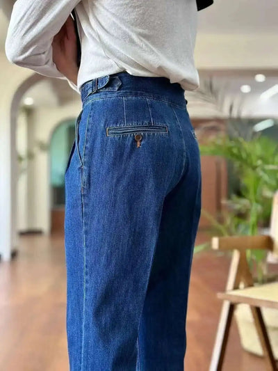 High Quality Double Pleated Jeans Straight Leg Pant Naples Straight Tube Loose Washed High Grade Business Pant Men Dress Trouser