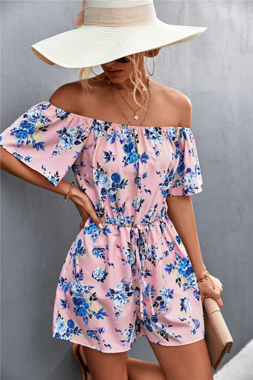 Summer Woman Playsuits Flowers Printed Sexy Off Shoulder Slim Romper Jumpsuit Women Short Sleeve Holiday Beach Playsuit