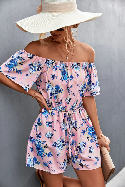 Summer Woman Playsuits Flowers Printed Sexy Off Shoulder Slim Romper Jumpsuit Women Short Sleeve Holiday Beach Playsuit