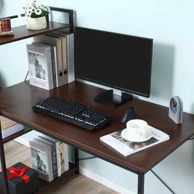 HOMCOM Computer Desk Laptop Table w/4-tier Bookshelf  Metal Frame Walnut, Black