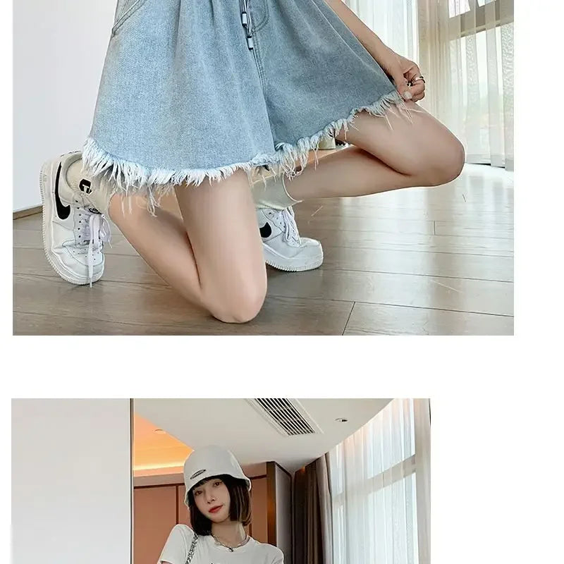 Korean Simplicity High Waist Wide Leg Denim Shorts Fashion Women's Clothing Summer Female All-match Loose Drawstring Shorts