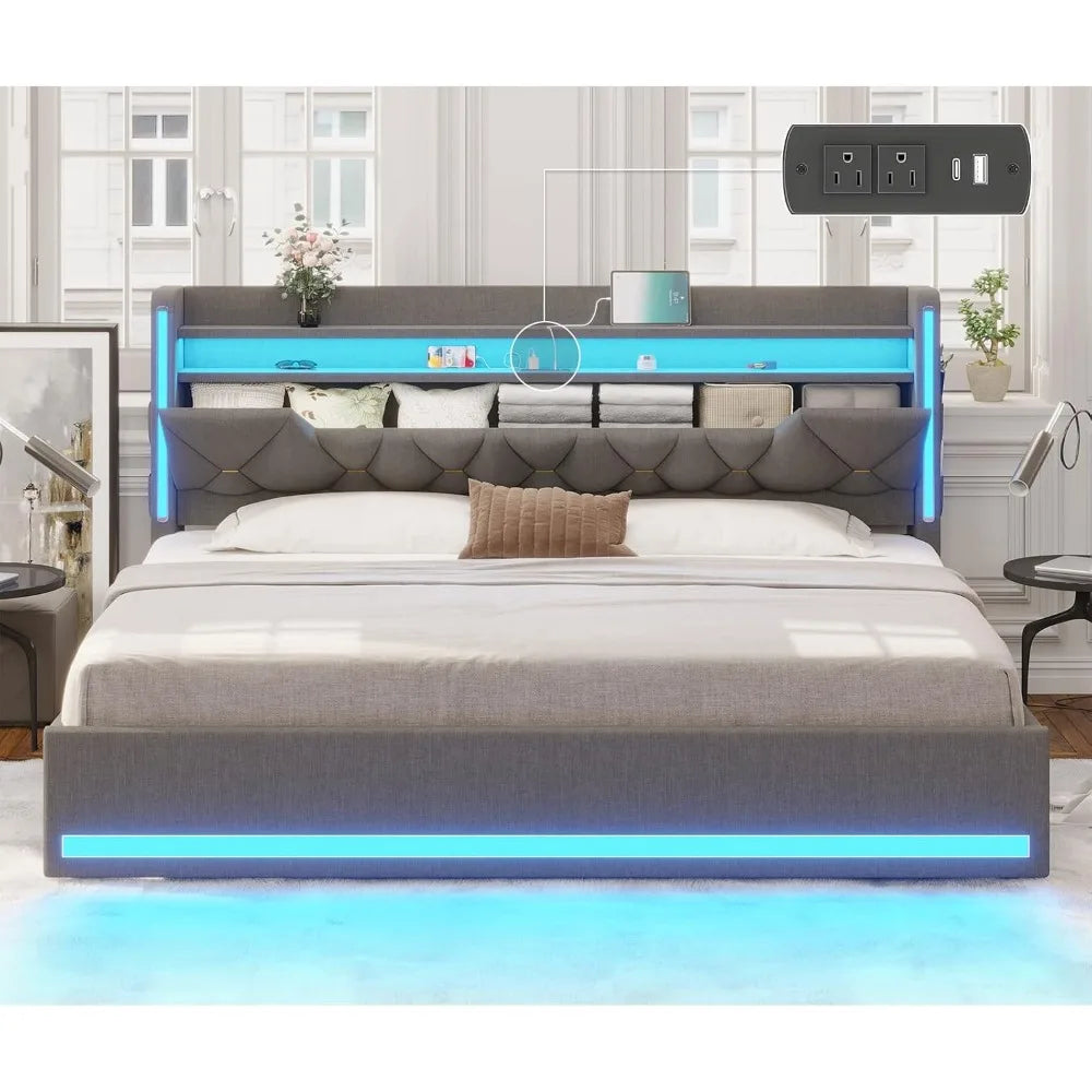 King Size Bed Frame with Marshmallow Headboard and Storage, Metal King Bed with LED Lights & Charging Station, Upholstered Platf