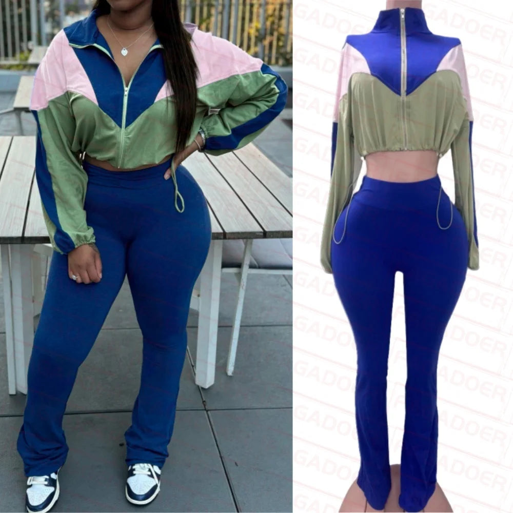 FAGADOER Color Block Street 2 Piece Set Outfit Casual Zip Drawstring Crop Top + High Waist Flare Pants Suit Autumn New Activwear