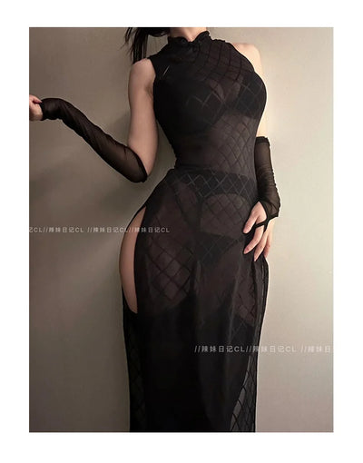 Chinese WOMENGAGA Spicy Girl Cheongsam Mesh Lace Transparent Sexy High Split Mini Dress Hot Sexy Women Tops 2023 New 323L