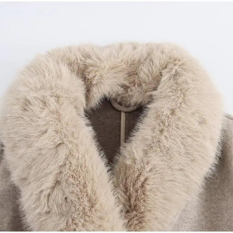 Elegant Fur Lapel Long Coat Women With Belt Woolen Full Sleeve Lace Up Loose Thicken Overcoat 2025 Spring Solid Pocket Outwear