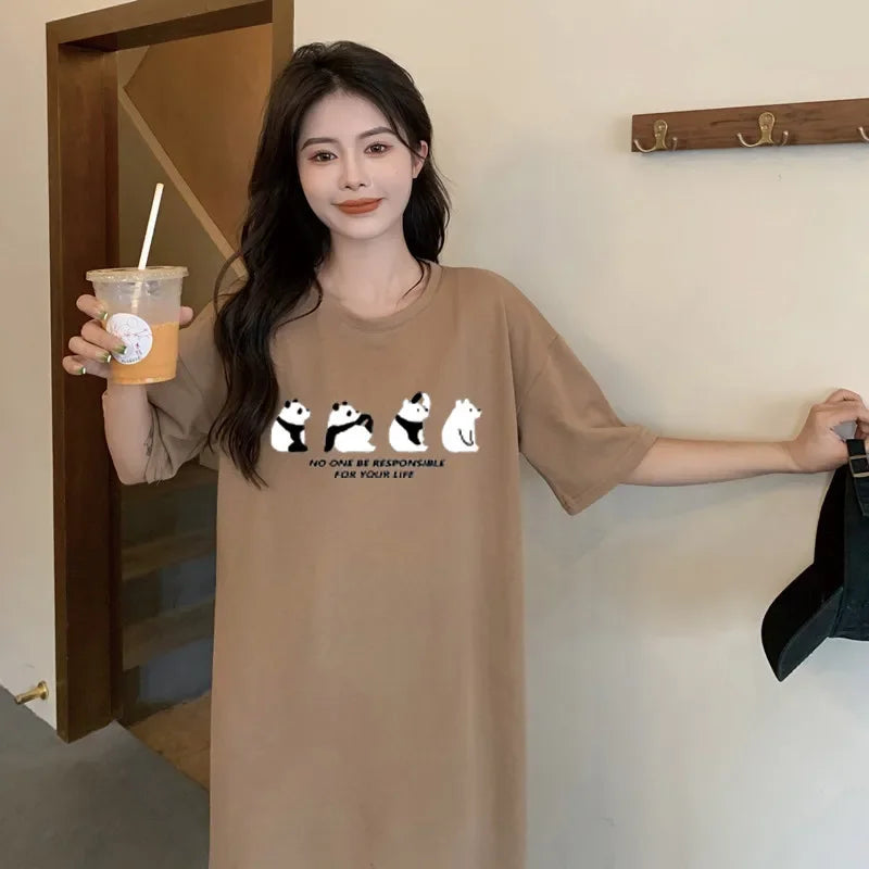 Childlike and cute four panda print short-sleeved dress for women summer and autumn new oversized loose round neck home dress