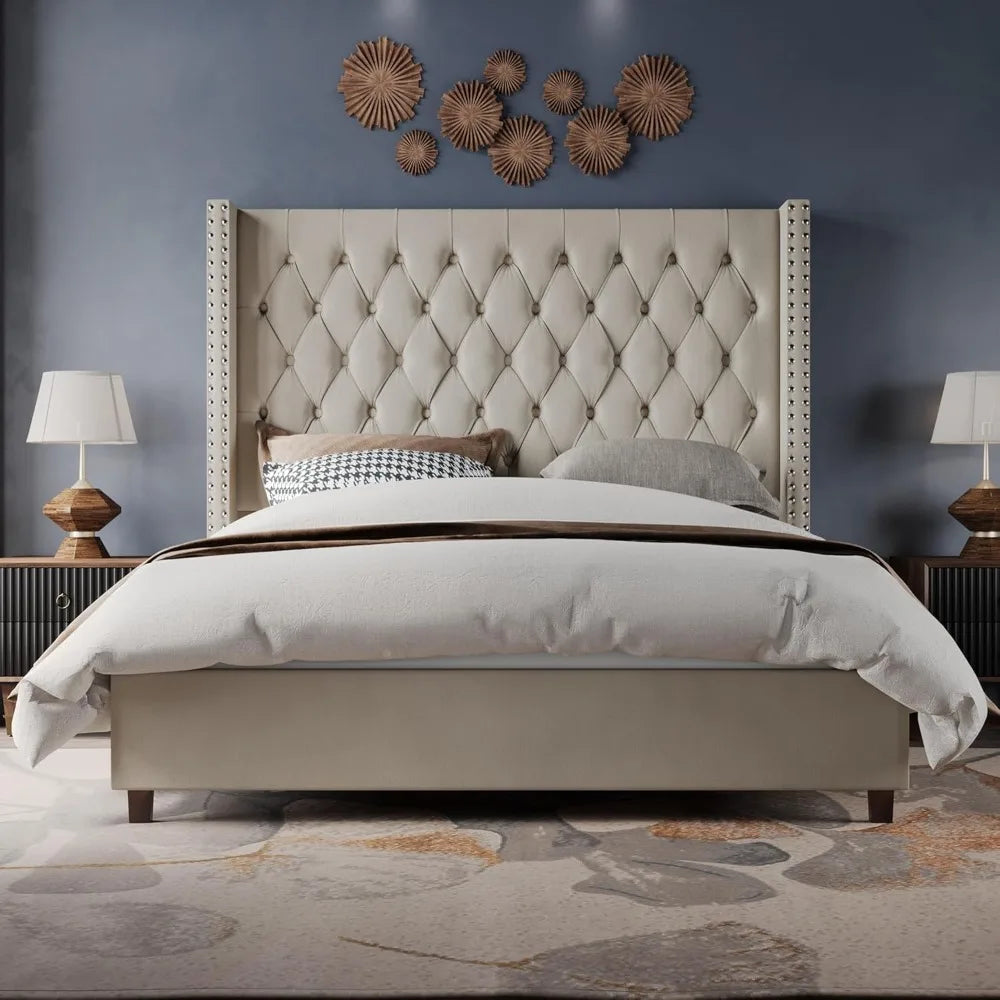 Queen Size Velvet Wingback Bed Frame with 61.4" High Headboard, Handcrafted Pleats and Deep Platform Design