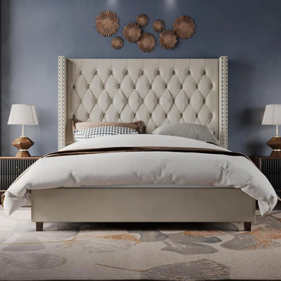 Queen Size Velvet Wingback Bed Frame with 61.4" High Headboard, Handcrafted Pleats and Deep Platform Design