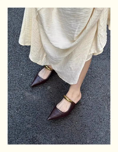 Chunky Pointed Toe Slippers Women Metal Buckle Retro Slides Female Comfy Fashion Low Heel Sandals Designer Mules Pumps Women