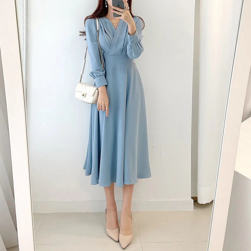 Jielur Harajuku V-neck Puff Sleeve A-line Maxi Dress Woman Solid Color Midi Robe Korean Office Dresses Elegant Spring Dress Lady
