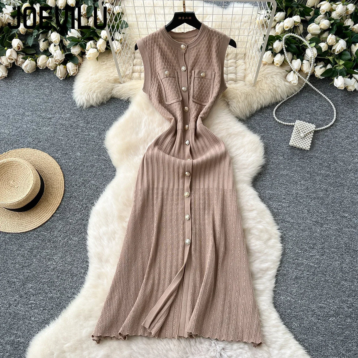 Women's Round Neck Sleeveless Dress Single-breasted Chic Elasticated Waist Slim Long Skirt   New High Quality Knitted Dress
