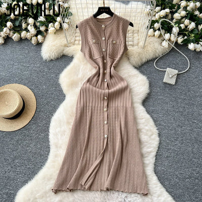 Women's Round Neck Sleeveless Dress Single-breasted Chic Elasticated Waist Slim Long Skirt   New High Quality Knitted Dress