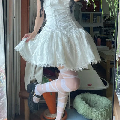 2025 Lolita Subculture Black White Short SK Lace Skirt High Waist Lace Up Girls Birthday Gothic Victorian Cosplay Party Skirts