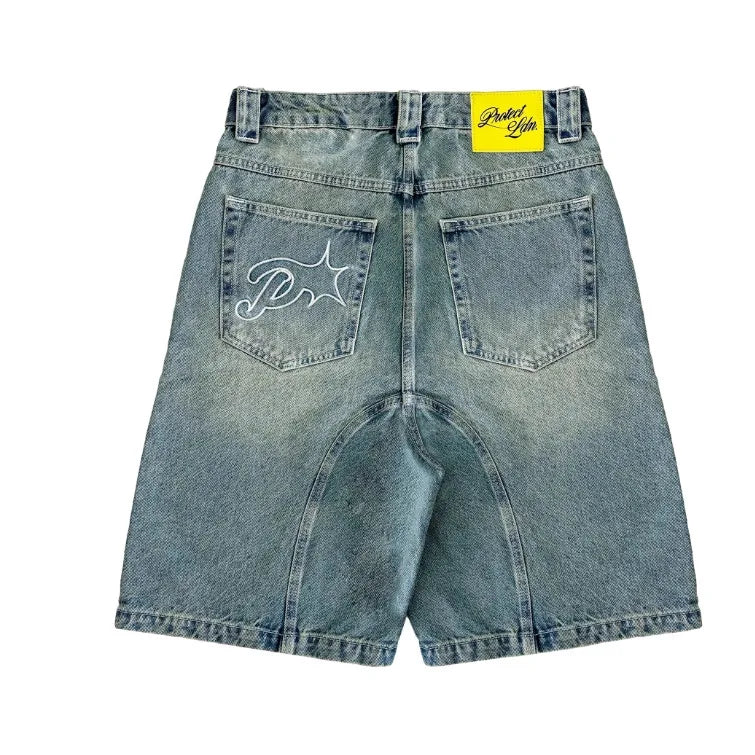 American New Letter Pattern Embroidered Denim Shorts Y2K Men's Street Retro Washed Old Trend Gothic Denim Sweatpants Street Wear
