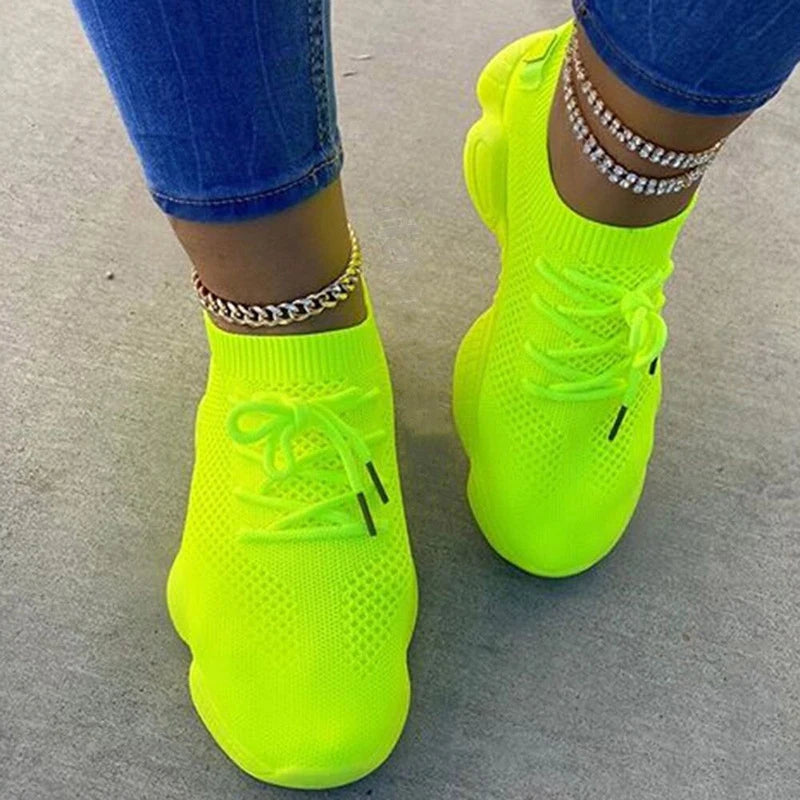 Fitshinling Fashion New Neon Women's Sneakers Athleisure Shoes For Women Lace Up Casual Flats Shoe