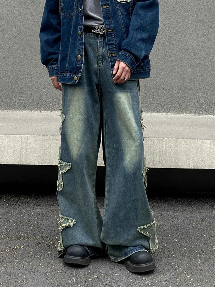 2024 Ropa Y2K Streetwear Star Patch Embroidery Baggy Stacked Jeans Pants For Men Clothes Wide Leg Old Straight Denim Trousers