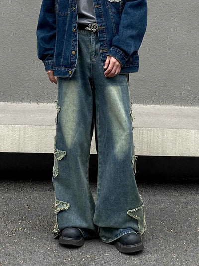2024 Ropa Y2K Streetwear Star Patch Embroidery Baggy Stacked Jeans Pants For Men Clothes Wide Leg Old Straight Denim Trousers