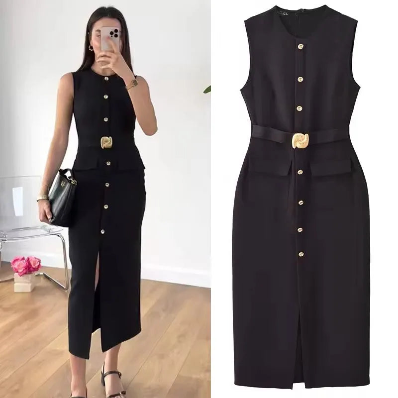 Women Long Dress Solid Color Summer Casual Slim Lady O-Neck Sleeveless Dresses Elegant Streetwear Female Button Up Belt Vestidos