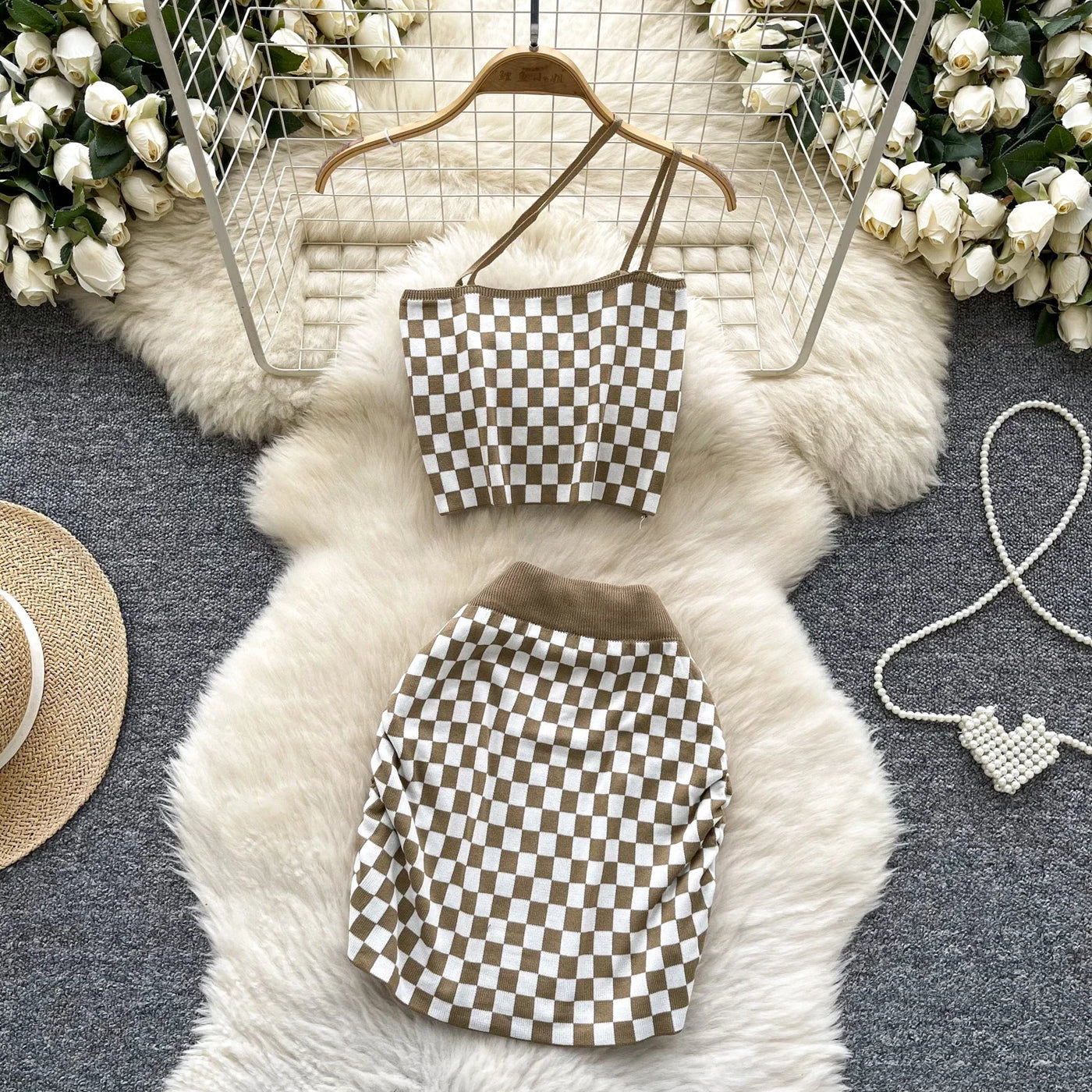 2025 New Vacation Style Plaid Suits Women Strapless Hotsweet Mini Tops+High Waist Bodycon Skirt Fashion Casual Knitted Sets