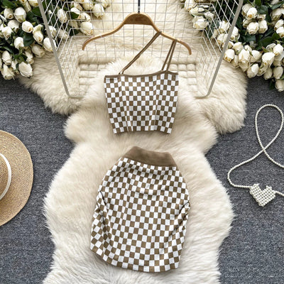 2025 New Vacation Style Plaid Suits Women Strapless Hotsweet Mini Tops+High Waist Bodycon Skirt Fashion Casual Knitted Sets
