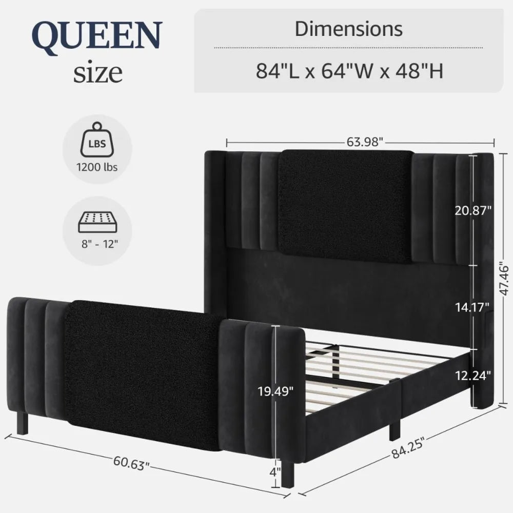 Queen Size Bed Frame with Tall Headboard and Footboard, Boucle and Velvet Upholstered Bed Frame Queen with LED Lights